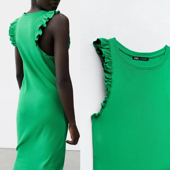 Zara Frill Ruffle Ribbed Knit Midi Dress Bodycon Kelly Green Size S  0962/629 - Picture 2 of 13